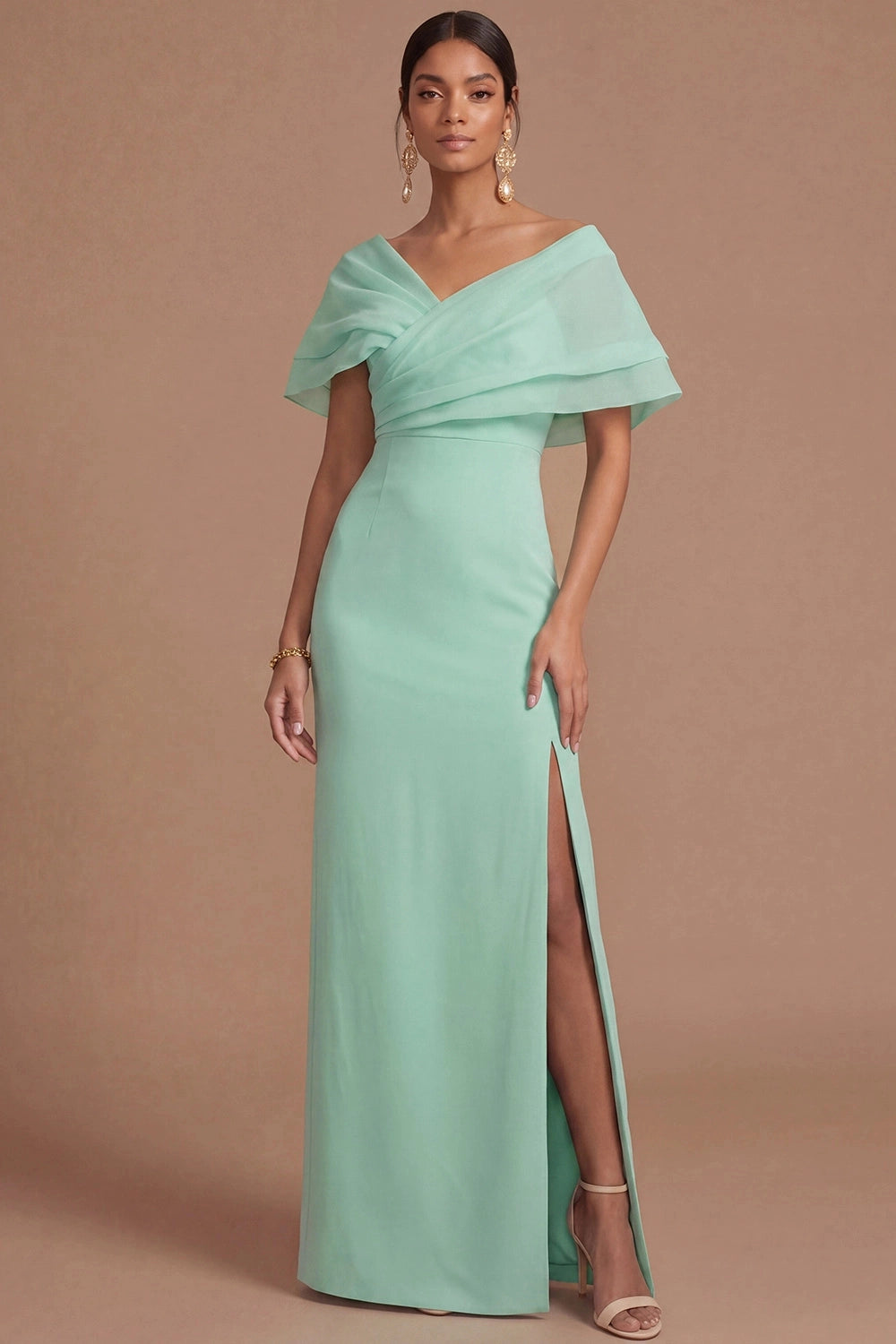Lilac Sheath Off Shoulder V Sleeve Deep Back Slit Maxi Bridesmaid Gown Vedress