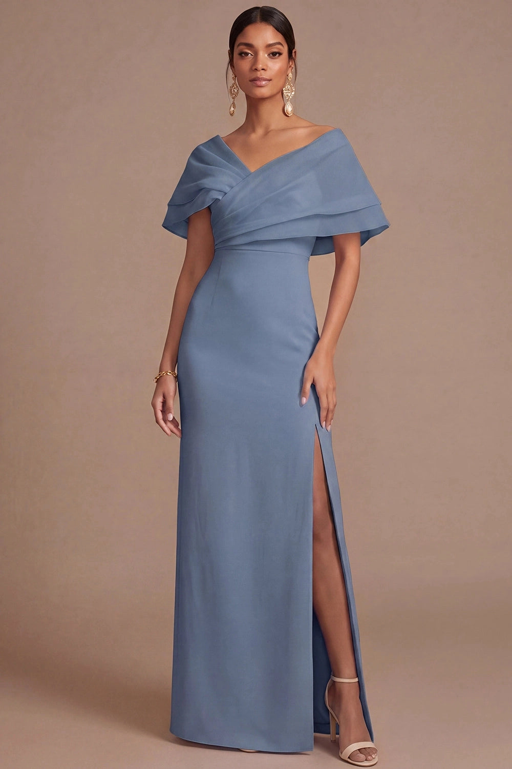 Lilac Sheath Off Shoulder V Sleeve Deep Back Slit Maxi Bridesmaid Gown Vedress