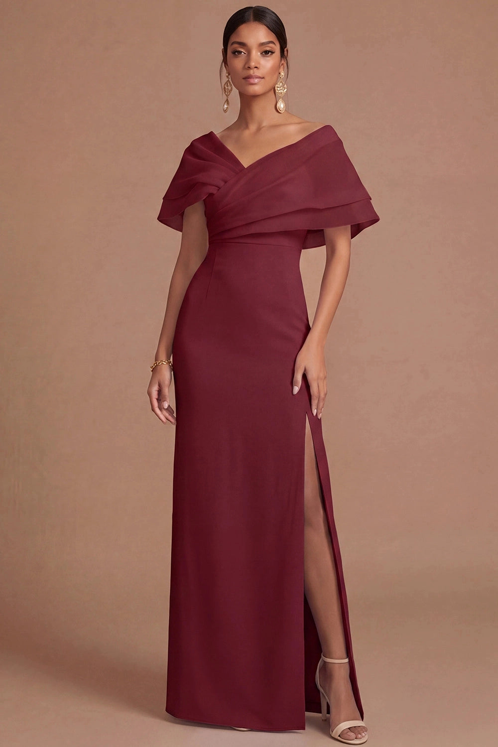 Lilac Sheath Off Shoulder V Sleeve Deep Back Slit Maxi Bridesmaid Gown Vedress