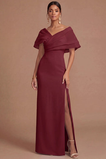Lilac Sheath Off Shoulder V Sleeve Deep Back Slit Maxi Bridesmaid Gown Vedress