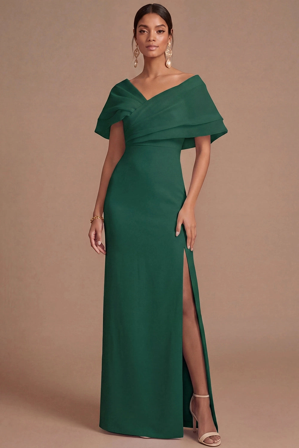 Lilac Sheath Off Shoulder V Sleeve Deep Back Slit Maxi Bridesmaid Gown Vedress