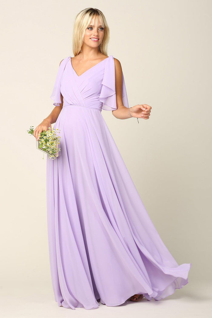 Women's V-Neck Chiffon Flutter Sleeve Ruffle Maxi Dress Long Formal Bridesmaids Dress