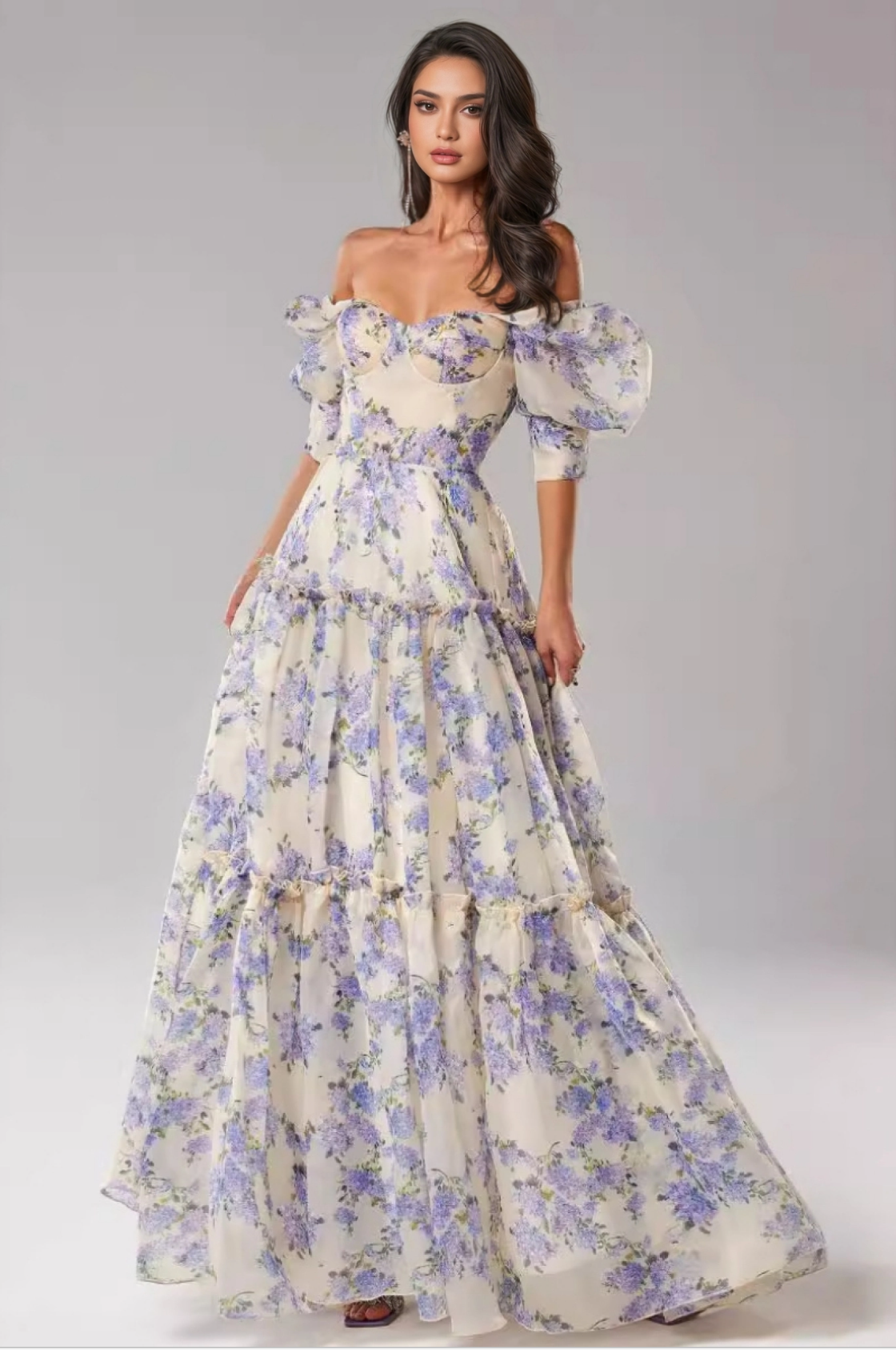 Off Shoulder Puff Sleeve Floral Print Maxi Dress Tiered Ruffle Organza Gown Formal Prom Dresses