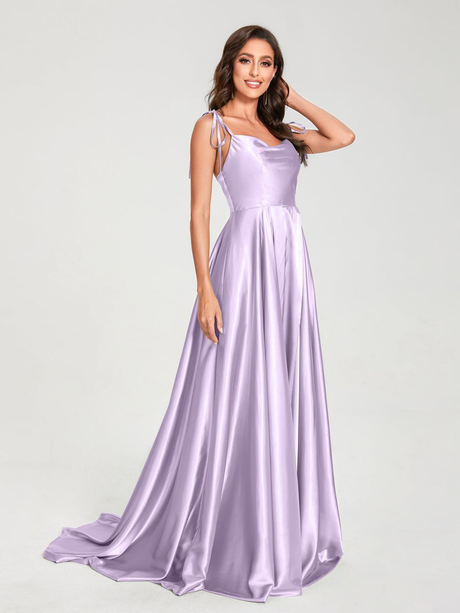 A-Line/Princess Spaghetti Straps Sleeveless Formal Evening Gown Floor-Length Bridemaid Dresses with Split Side