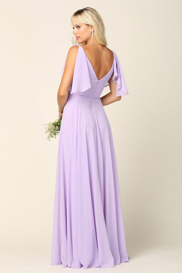 Women's V-Neck Chiffon Flutter Sleeve Ruffle Maxi Dress Long Formal Bridesmaids Dress