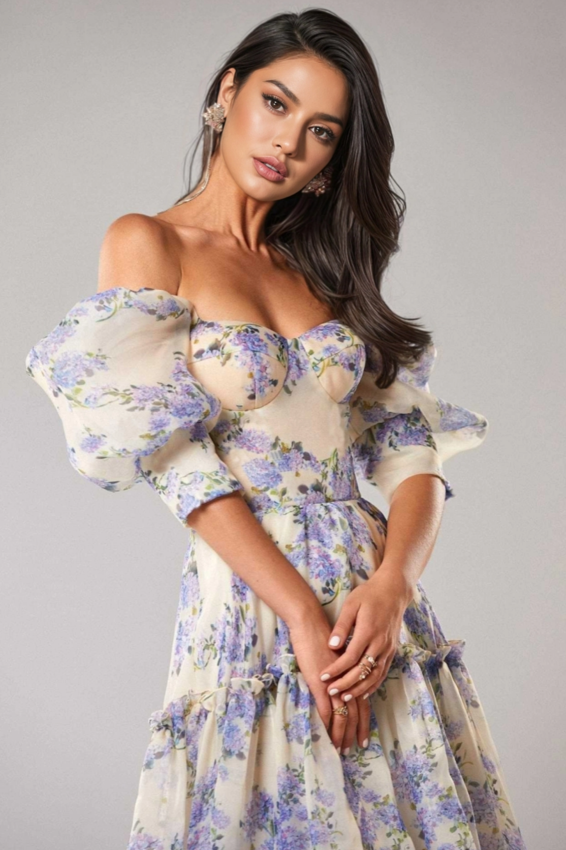 Off Shoulder Puff Sleeve Floral Print Maxi Dress Tiered Ruffle Organza Gown Formal Prom Dresses