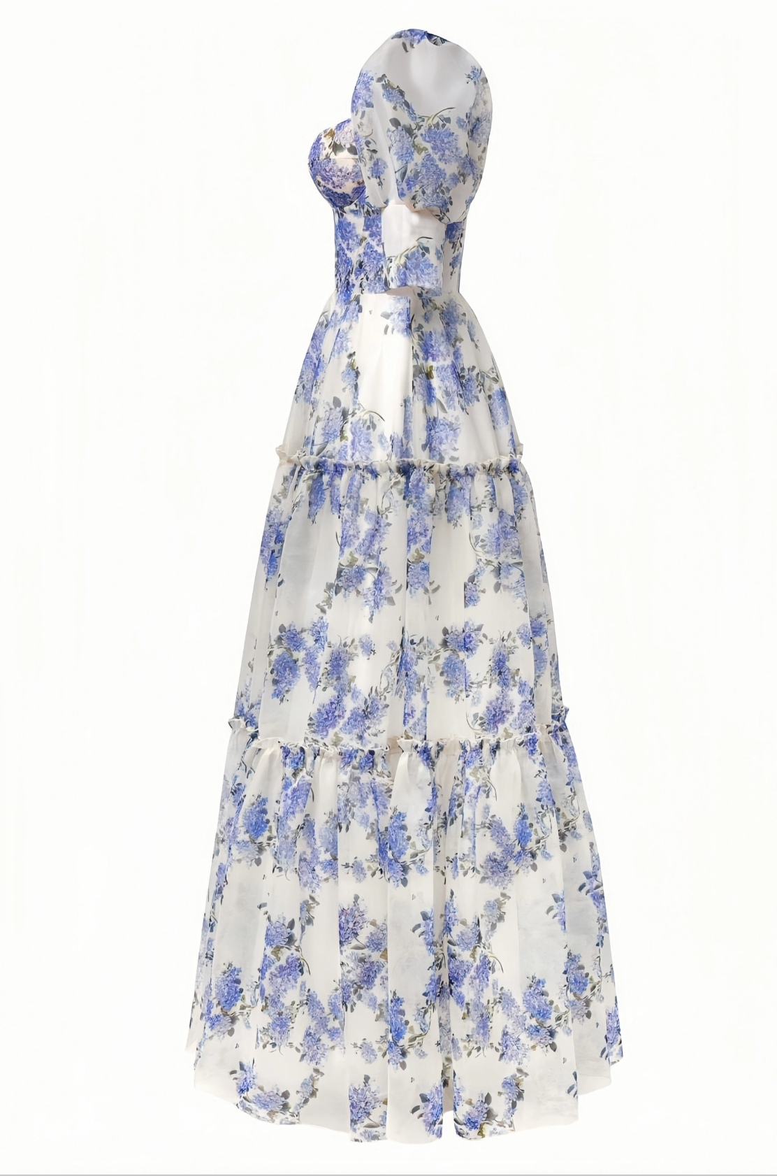Off Shoulder Puff Sleeve Floral Print Maxi Dress Tiered Ruffle Organza Gown Formal Prom Dresses