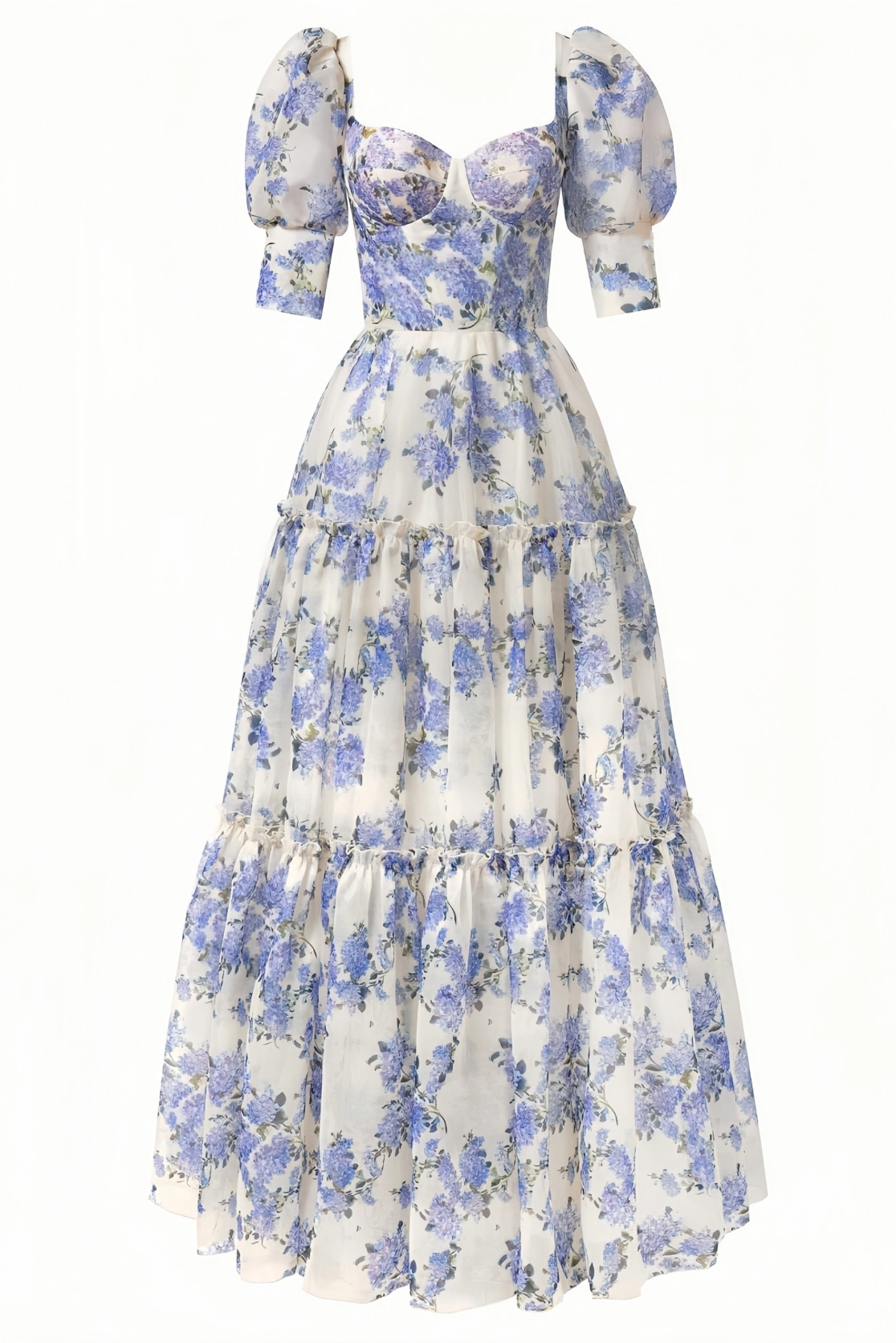 Off Shoulder Puff Sleeve Floral Print Maxi Dress Tiered Ruffle Organza Gown Formal Prom Dresses