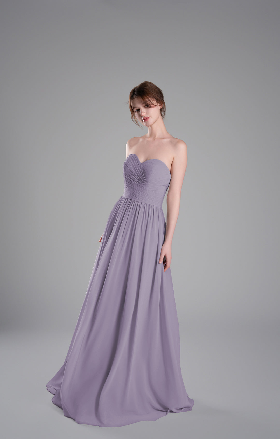 Elegante vestido de dama de honor de chifón sin tirantes, largo, corte A, fluido, para noche formal o fiesta de graduación