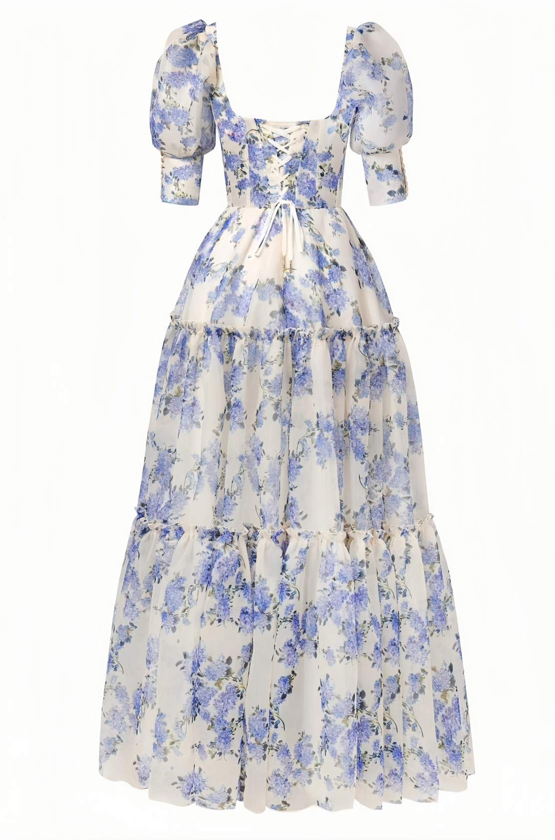 Off Shoulder Puff Sleeve Floral Print Maxi Dress Tiered Ruffle Organza Gown Formal Prom Dresses