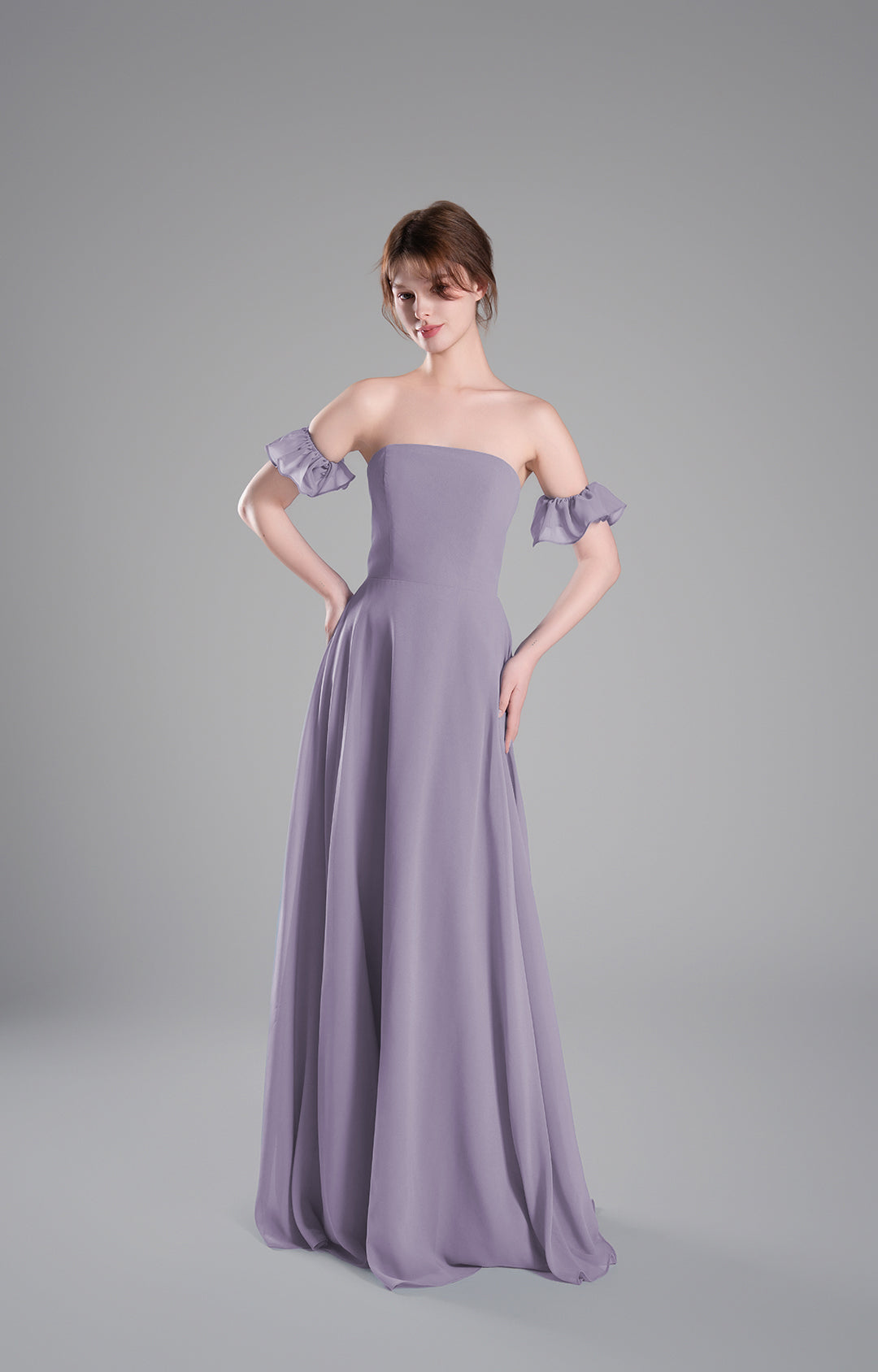 Elegant Off-the-Shoulder Chiffon Bridesmaid Dress Long Formal Evening Gown Ruffle Sleeves Figure Bodice A-line Prom Dresses
