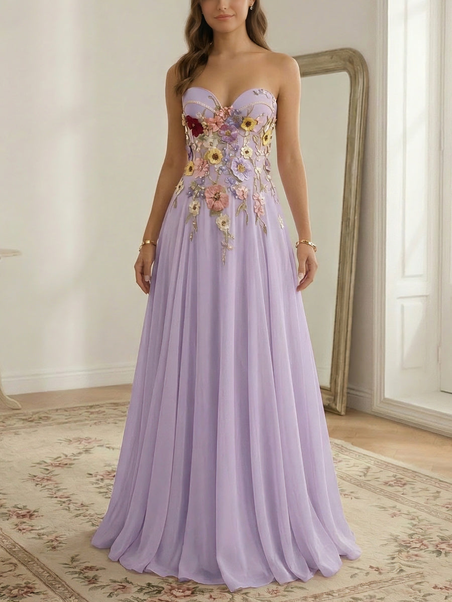 Vestido de Fiesta Largo con Escote Corazón, Tirantes Finos, Bordado Floral y Espalda Abierta, de Corte Princesa/A-Line y Estilo Romántico