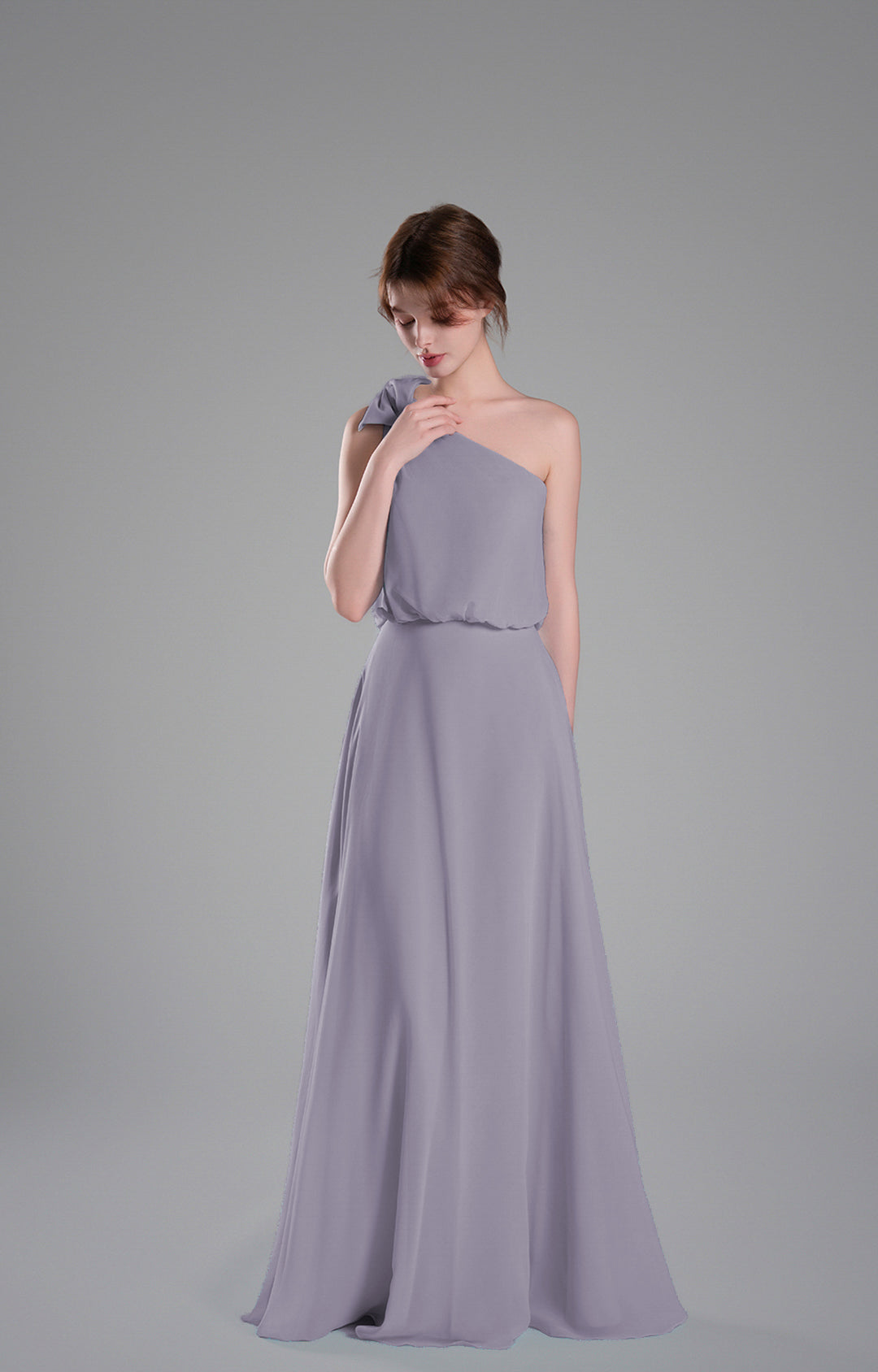 One-Shoulder Chiffon Bridesmaid Dress Flowy Floor-Length Evening Gown Bow Detail Flowing A-Line Dresses