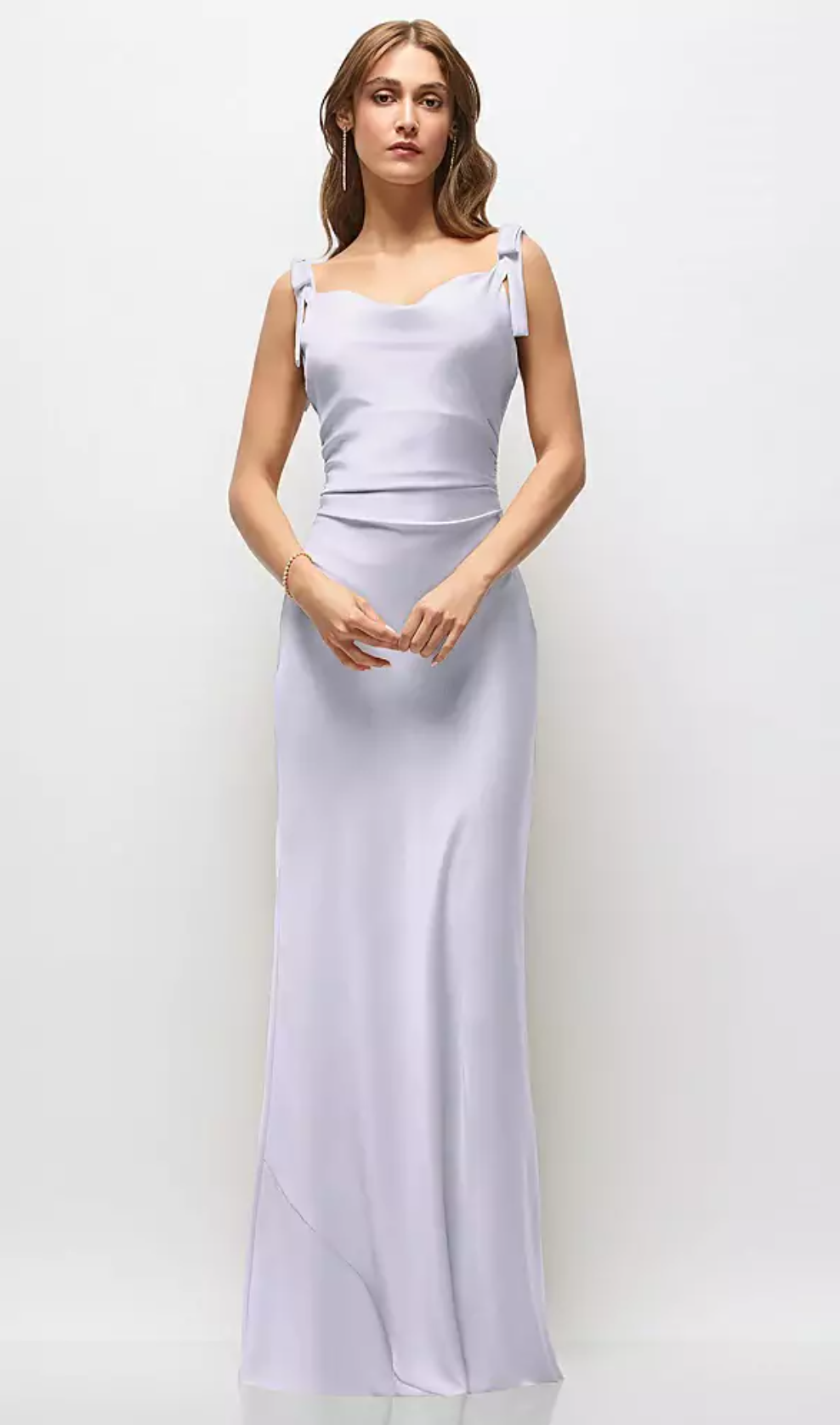 Women's Satin Cowl Neck Maxi Dress with Bow Shoulder Straps & Ruched Waist Formal Evening Gown Bridesmaid Dresses