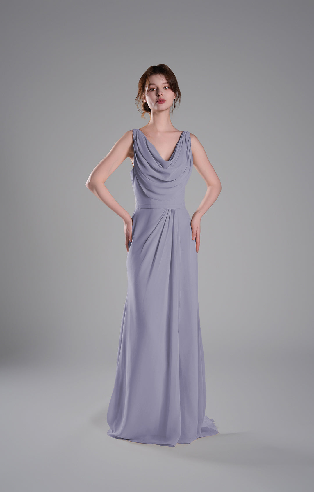 Elegant Chiffon Cowl Neck Bridesmaid Dress Sleeveless Fitted Bodice Floor Length Formal Gown