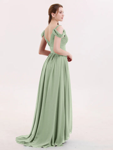 Back view of dusty sage chiffon bridesmaid dress with V-back design, draped shoulder details, gathered waist, and floor-length A-line skirt by Vedress
