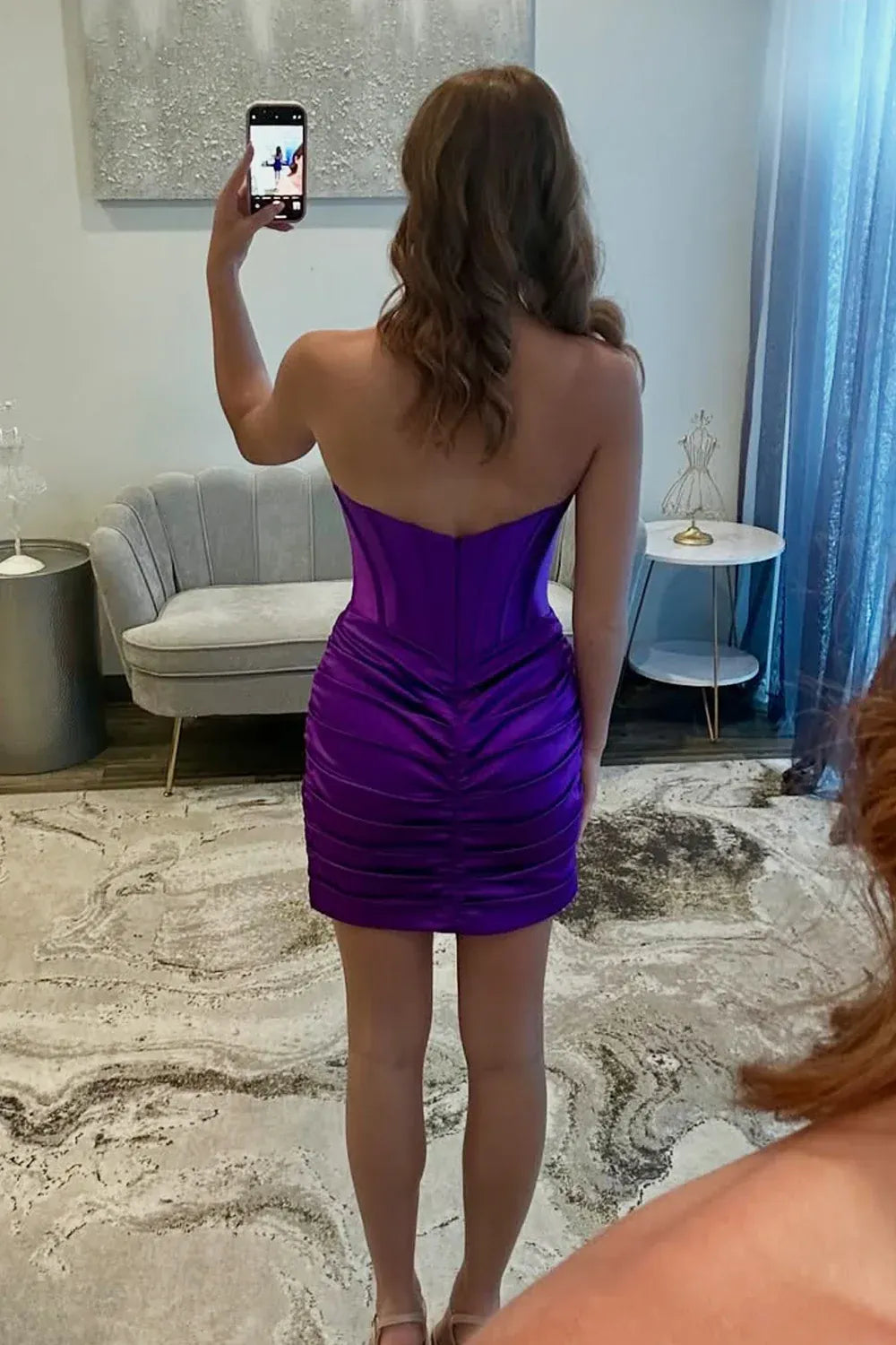 Lustrous Satin Bodycon Strapless Sweetheart Corset Wrap Ruched Zip Mini Homecoming Dress