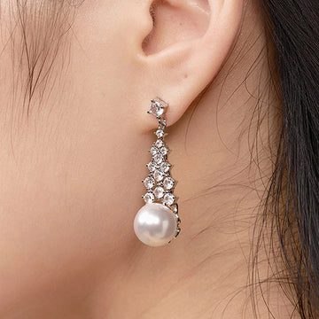 Silver-Tone Rhinestone Pearl Drop Earrings