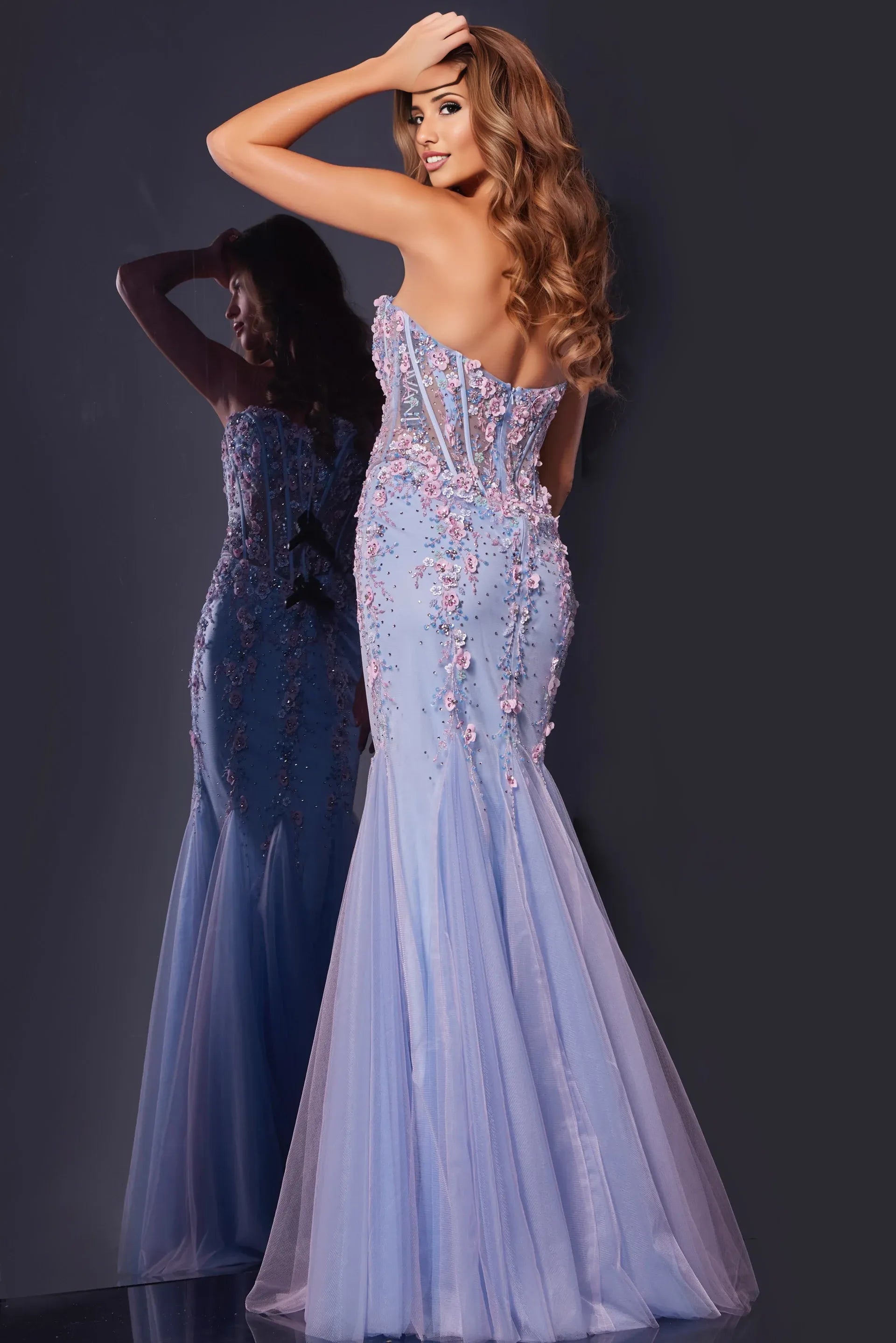 Luxurious Mermaid Strapless Sleeveless Tulle 3D Floral Beaded Embellished Corset Evening Gown