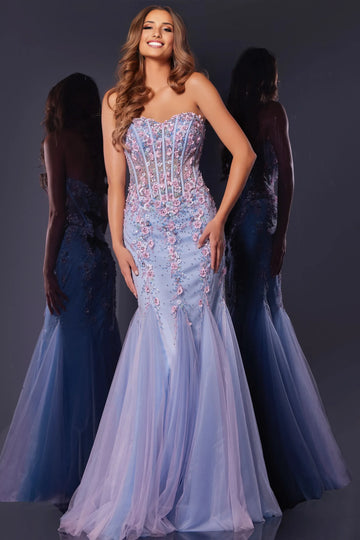 Luxurious Mermaid Strapless Sleeveless Tulle 3D Floral Beaded Embellished Corset Evening Gown