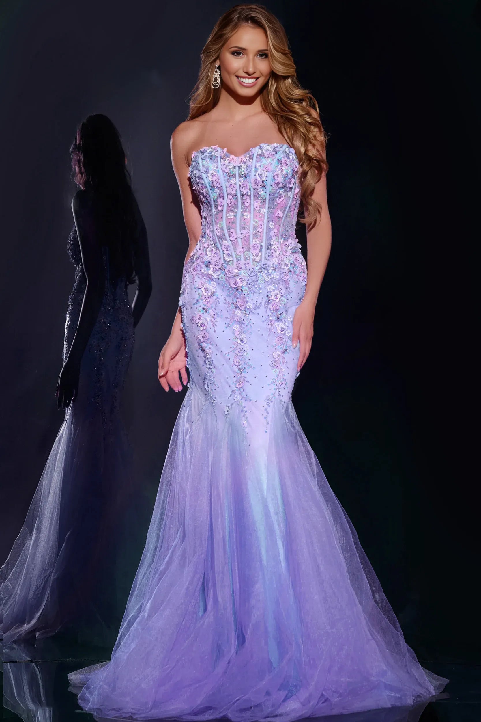 Luxurious Mermaid Strapless Sleeveless Tulle 3D Floral Beaded Embellished Corset Evening Gown