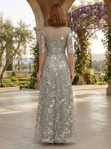 Sheer‑back sage green a‑line long mother of the bride formal evening dress
