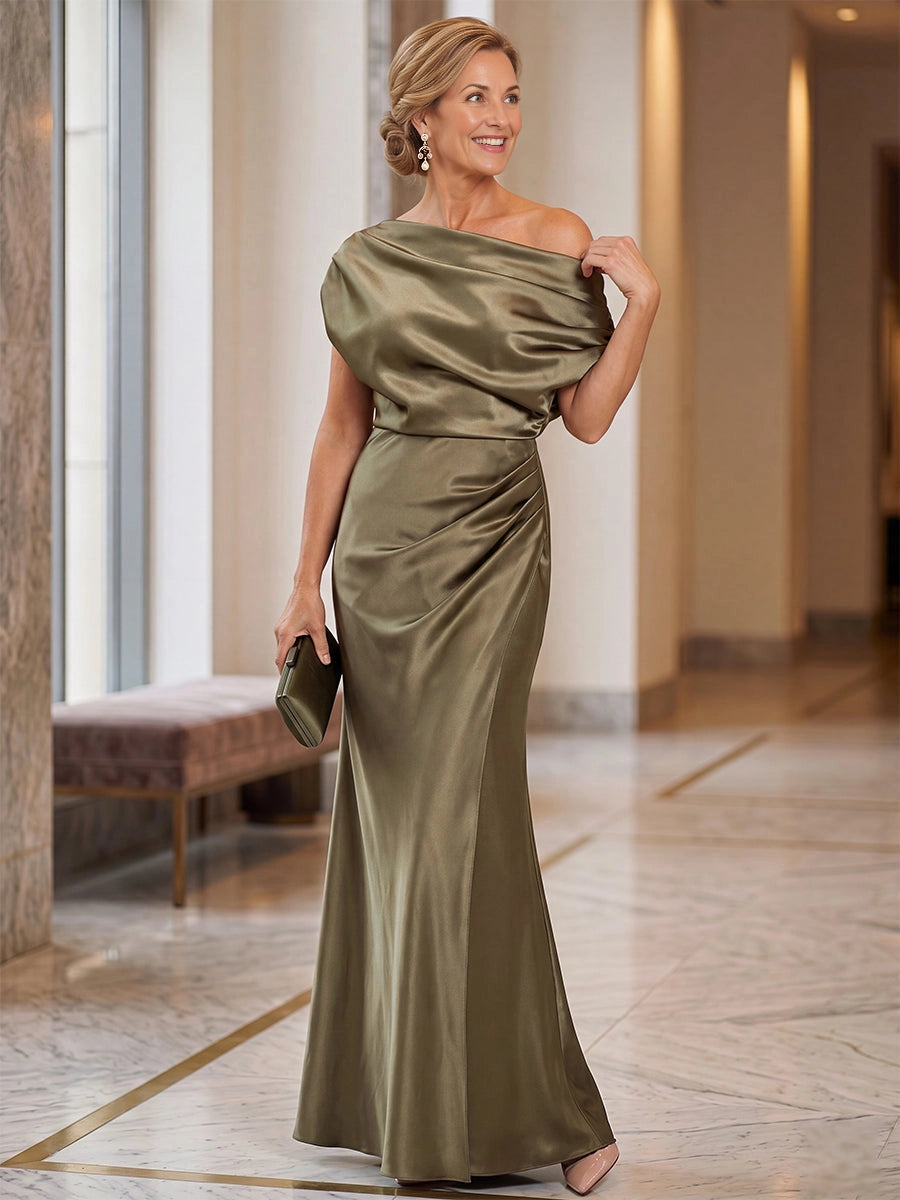 Vedress olive green satin off‑shoulder mermaid mother of the bride dress draped bodice