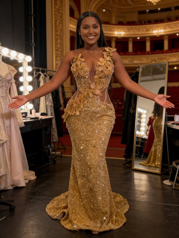 vedress plus size gold mermaid prom dress plunging v spaghetti strap 3d floral sequin formal evening gown