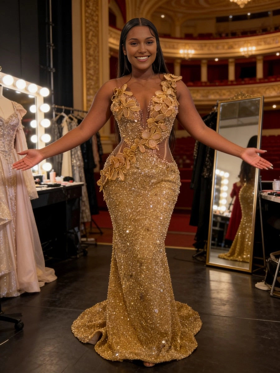 vedress plus size gold mermaid prom dress plunging v spaghetti strap 3d floral sequin formal evening gown