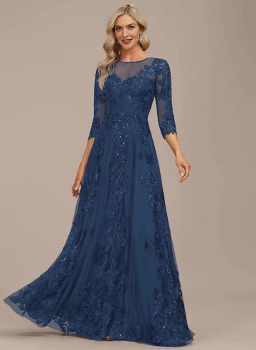 Vedress Navy Blue Bateau Neck 3/4 Sleeve Lace Mother Dress Front View