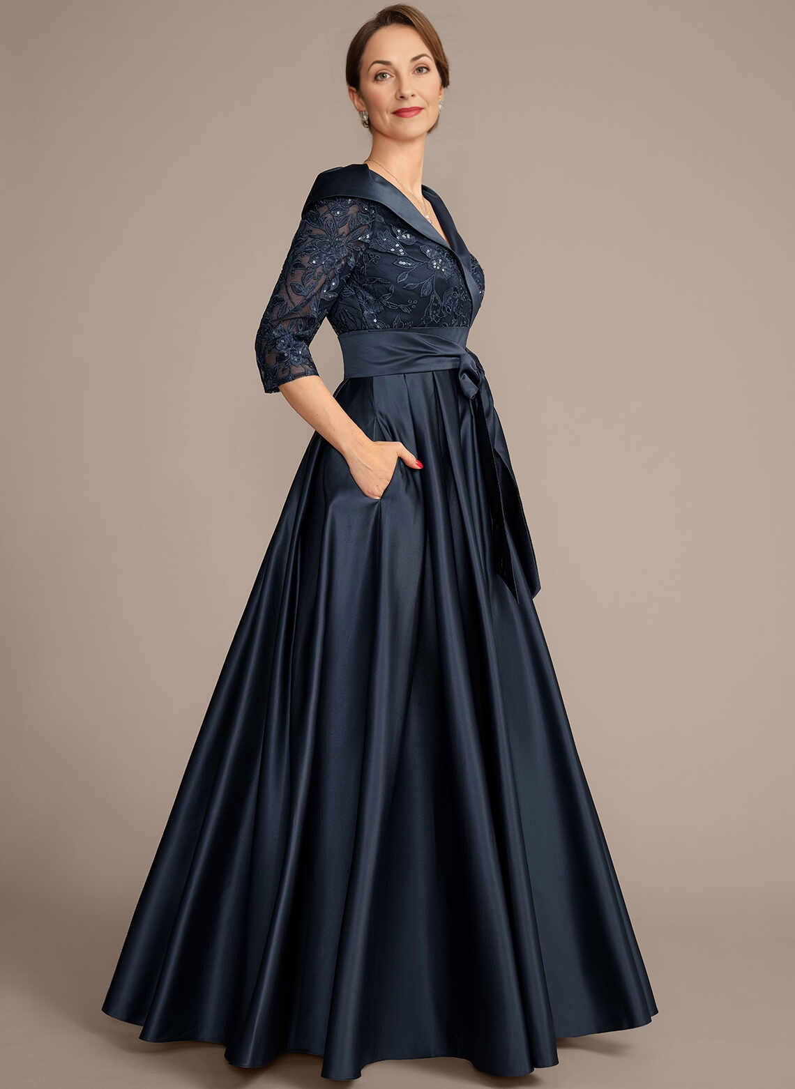 Vedress navy satin mother of the bride dress, lapel v‑neck lace 3/4 sleeves, pockets, zip‑back floor gown