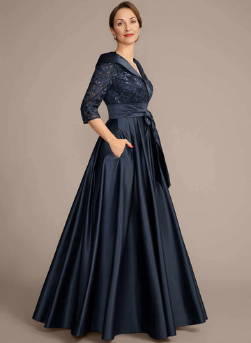 Vedress navy satin mother of the bride dress, lapel v‑neck lace 3/4 sleeves, pockets, zip‑back floor gown