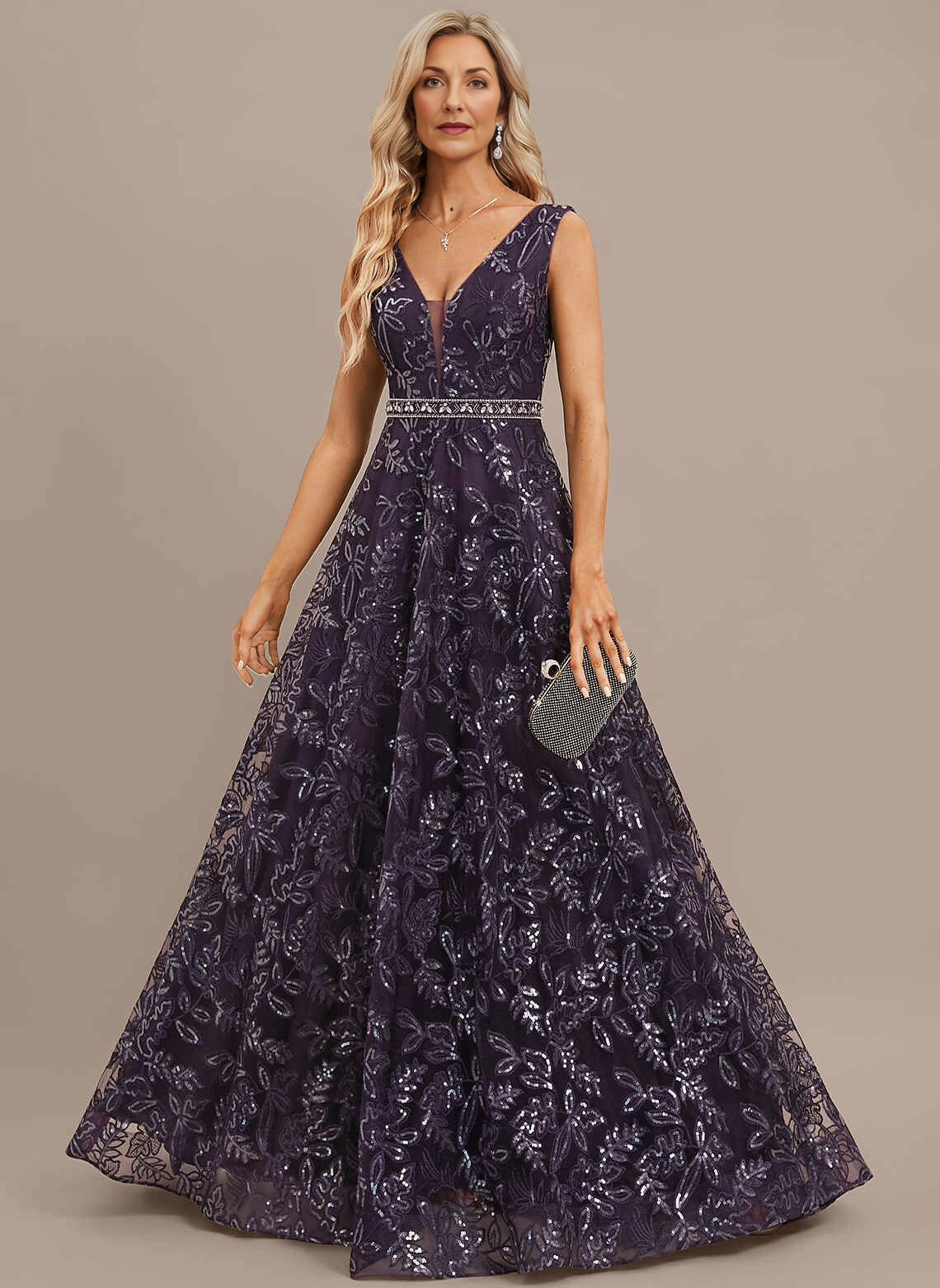Vedress purple floor‑length mother of the bride dress,sleeveless v neck,sequin floral tulle,beaded waistband,deep v back