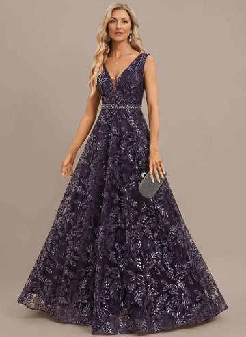Vedress purple floor‑length mother of the bride dress,sleeveless v neck,sequin floral tulle,beaded waistband,deep v back
