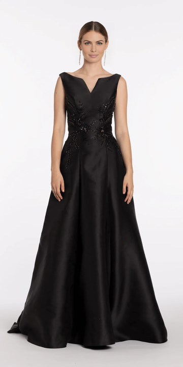 Luxury A-line Notch V Neck Sleeveless Gloss Satin Train Beaded Applique Formal Evening Dress