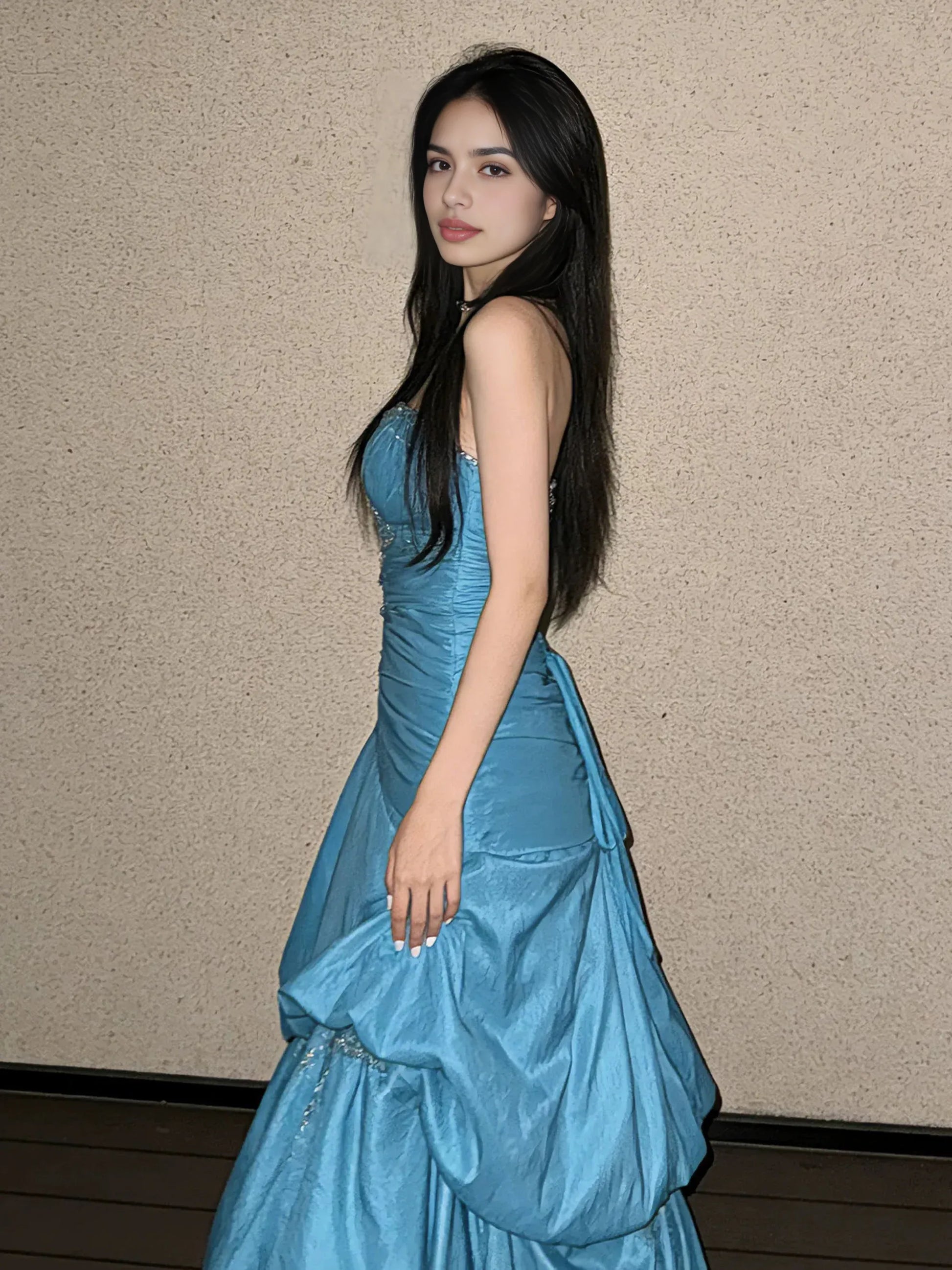 Vestido de fiesta de tafetán de lujo con escote corazón, corte A, sin tirantes, largo hasta el suelo, de satén, con cuentas