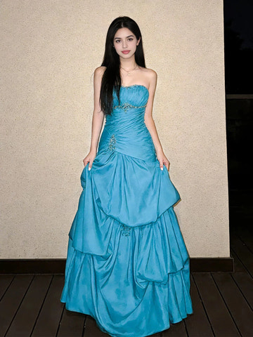 Vestido de fiesta de tafetán de lujo con escote corazón, corte A, sin tirantes, largo hasta el suelo, de satén, con cuentas