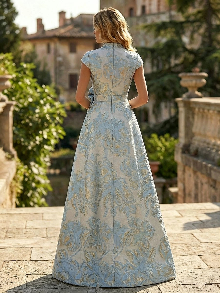 Back view Vedress jacquard A‑line mother‑of‑the‑bride dress,high‑neck solid woven fabric centre zip‑back floor gown