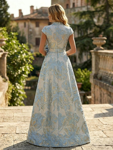 Back view Vedress jacquard A‑line mother‑of‑the‑bride dress,high‑neck solid woven fabric centre zip‑back floor gown
