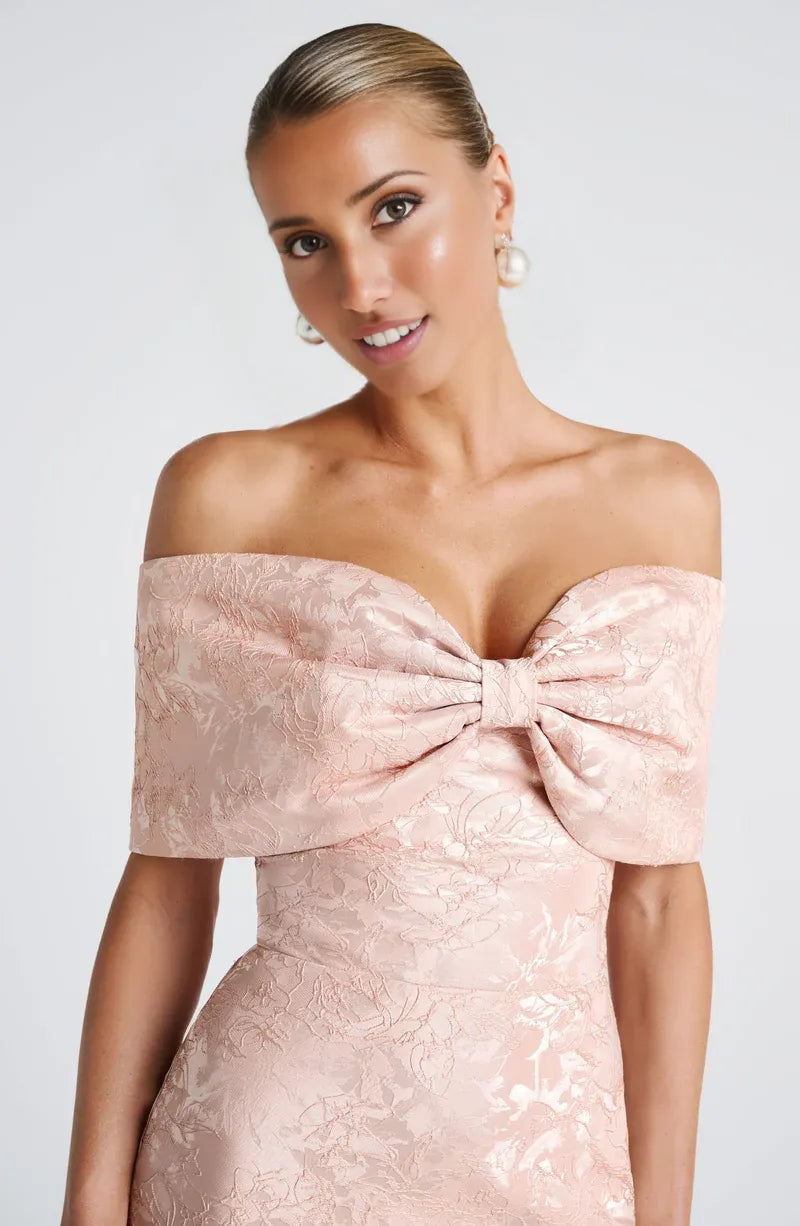 Luxury Fitted Off Shoulder Jacquard Maxi Bow Mermaid Gown Evening Dress