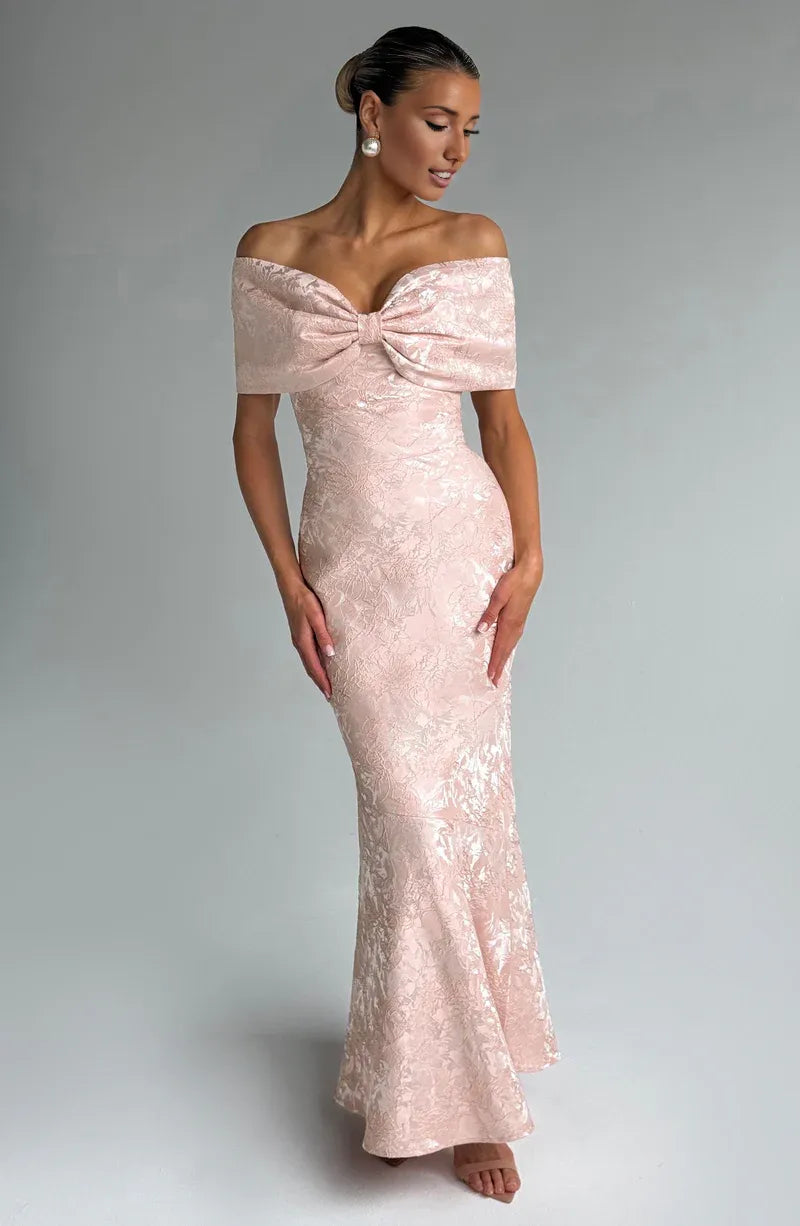 Luxury Fitted Off Shoulder Jacquard Maxi Bow Mermaid Gown Evening Dress