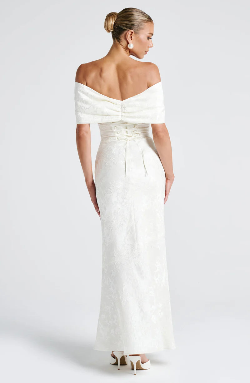 Luxury Fitted Off Shoulder Jacquard Maxi Bow Mermaid Gown Evening Dress