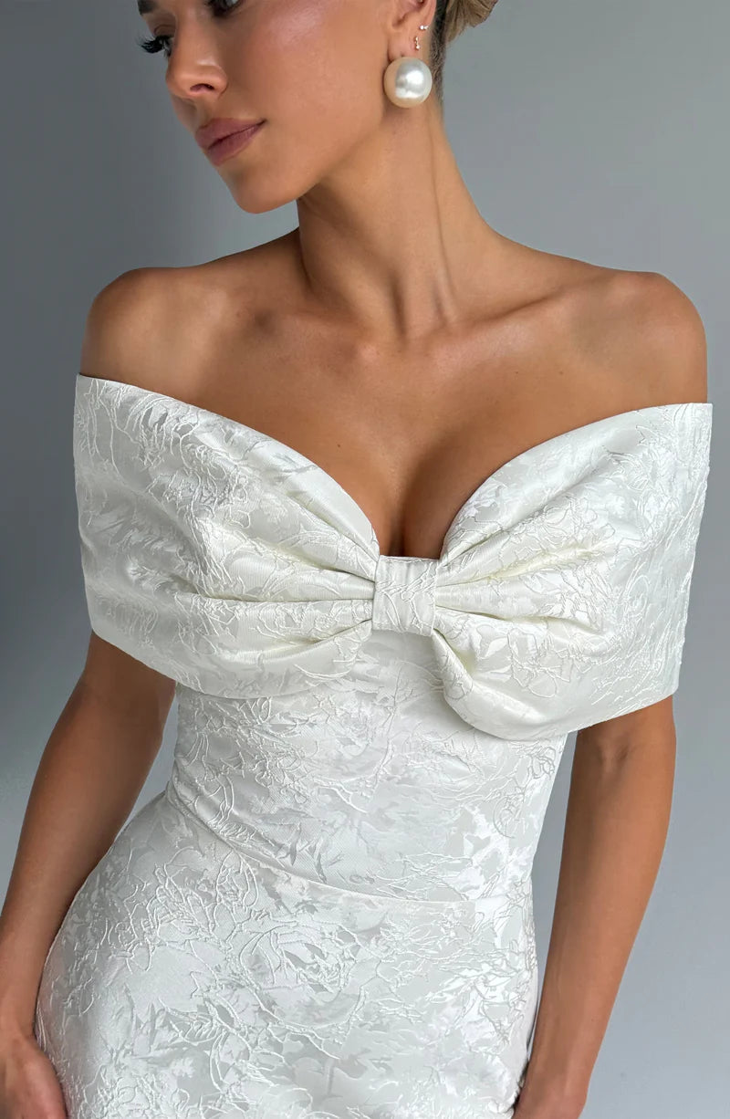 Luxury Fitted Off Shoulder Jacquard Maxi Bow Mermaid Gown Evening Dress