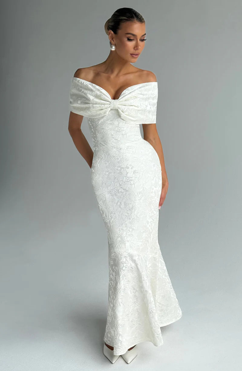 Luxury Fitted Off Shoulder Jacquard Maxi Bow Mermaid Gown Evening Dress