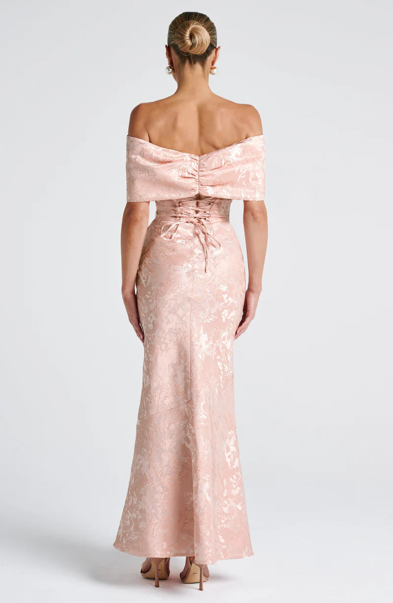 Luxury Fitted Off Shoulder Jacquard Maxi Bow Mermaid Gown Evening Dress