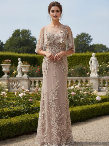 Vedress champagne lace applique cape sleeve sheer open‑back mermaid long mother‑of‑the‑bride dress front and back view
