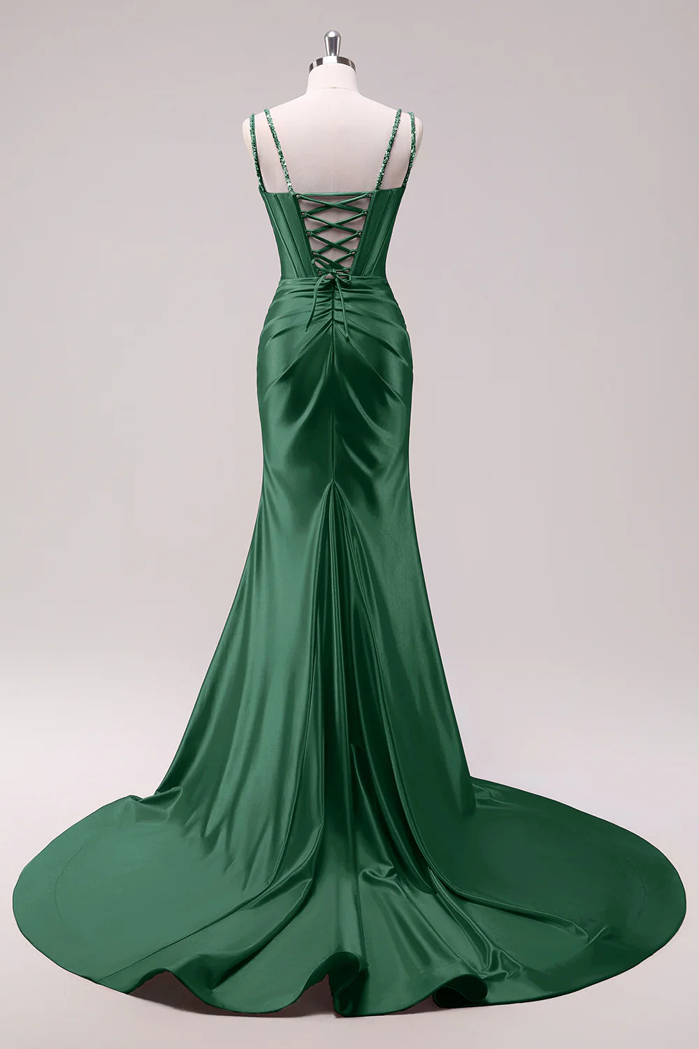 Luxury Mermaid Plunge Beaded Formal Corset Satin Evening Gown Train Slit LaceUp Back Prom Dress