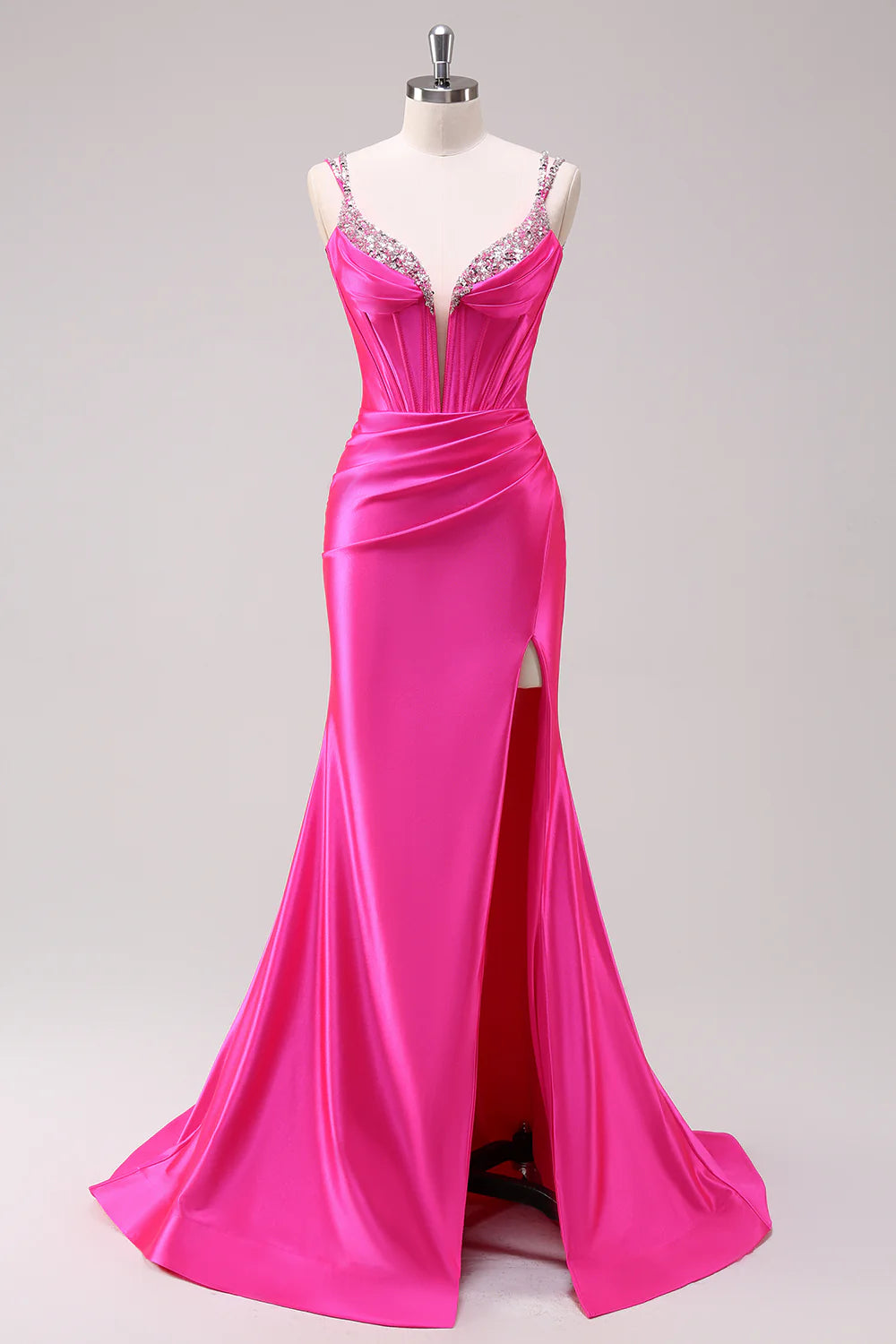 Luxury Mermaid Plunge Beaded Formal Corset Satin Evening Gown Train Slit LaceUp Back Prom Dress