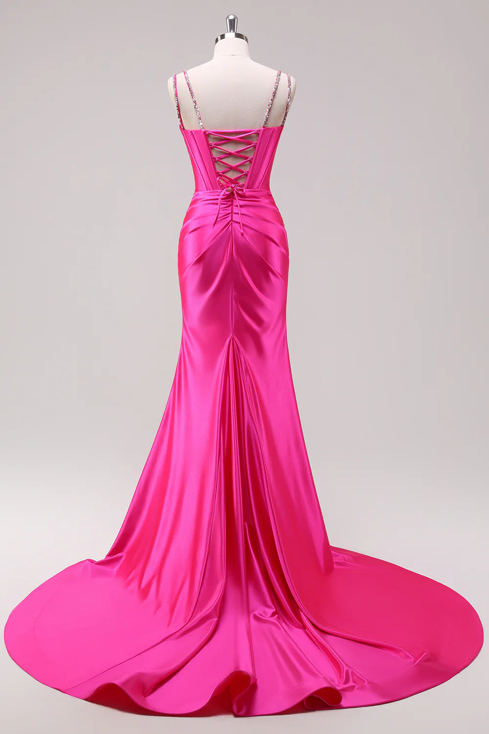 Luxury Mermaid Plunge Beaded Formal Corset Satin Evening Gown Train Slit LaceUp Back Prom Dress