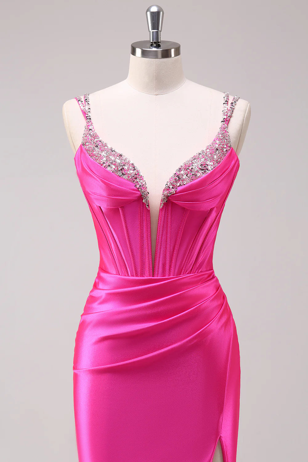 Luxury Mermaid Plunge Beaded Formal Corset Satin Evening Gown Train Slit LaceUp Back Prom Dress